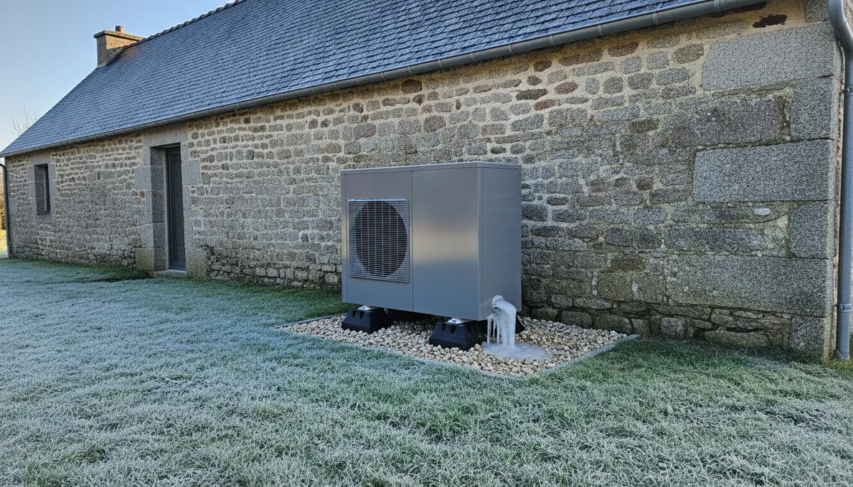 Pompe à chaleur air/eau installée contre une maison en granit du quartier de Courteille, à Alençon