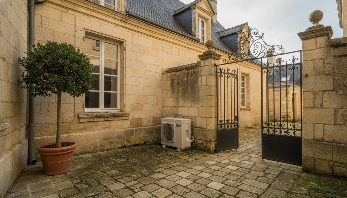 Pompe à chaleur air/eau installée en cour d'une maison en tuffeau du quartier de la Doutre, à Angers