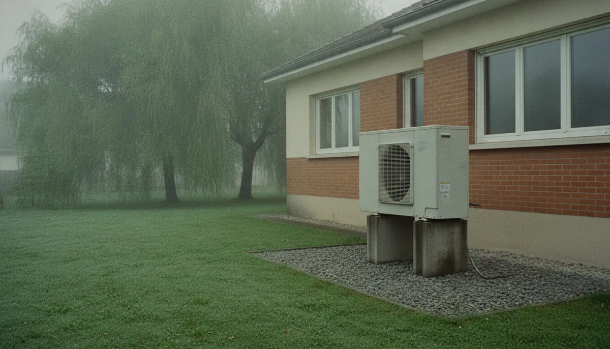 Pompe à chaleur air/eau surélevée sur plots à côté d'un pavillon proche du canal d'Ille-et-Rance, à Betton