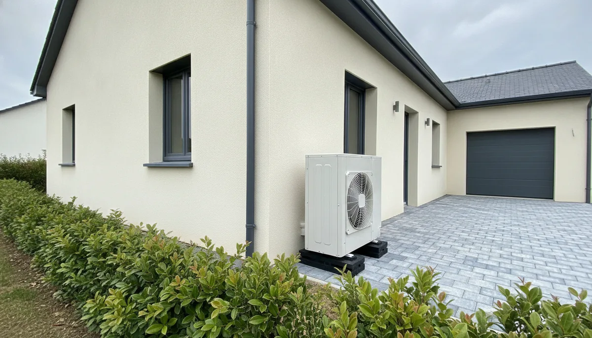 Pompe à chaleur air/eau installée sur un pavillon récent à plancher chauffant, quartier du Vert Buisson, Bruz