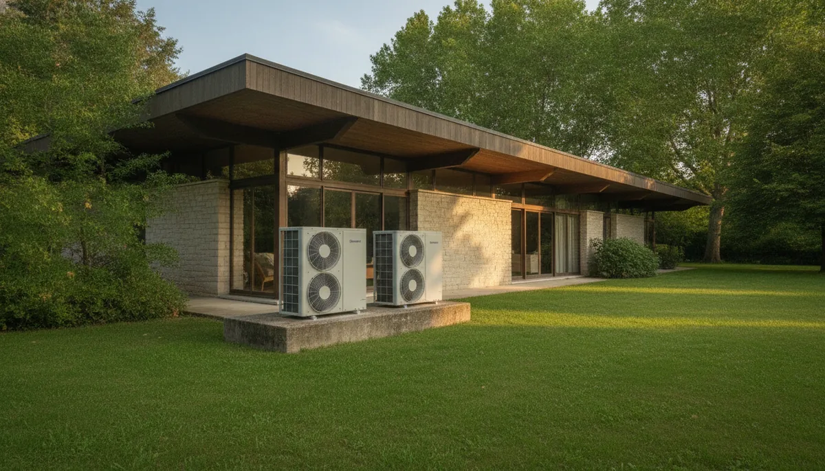 Pompe à chaleur air/eau installée derrière une maison d'architecte du quartier des Longs Prés, à Cesson-Sévigné