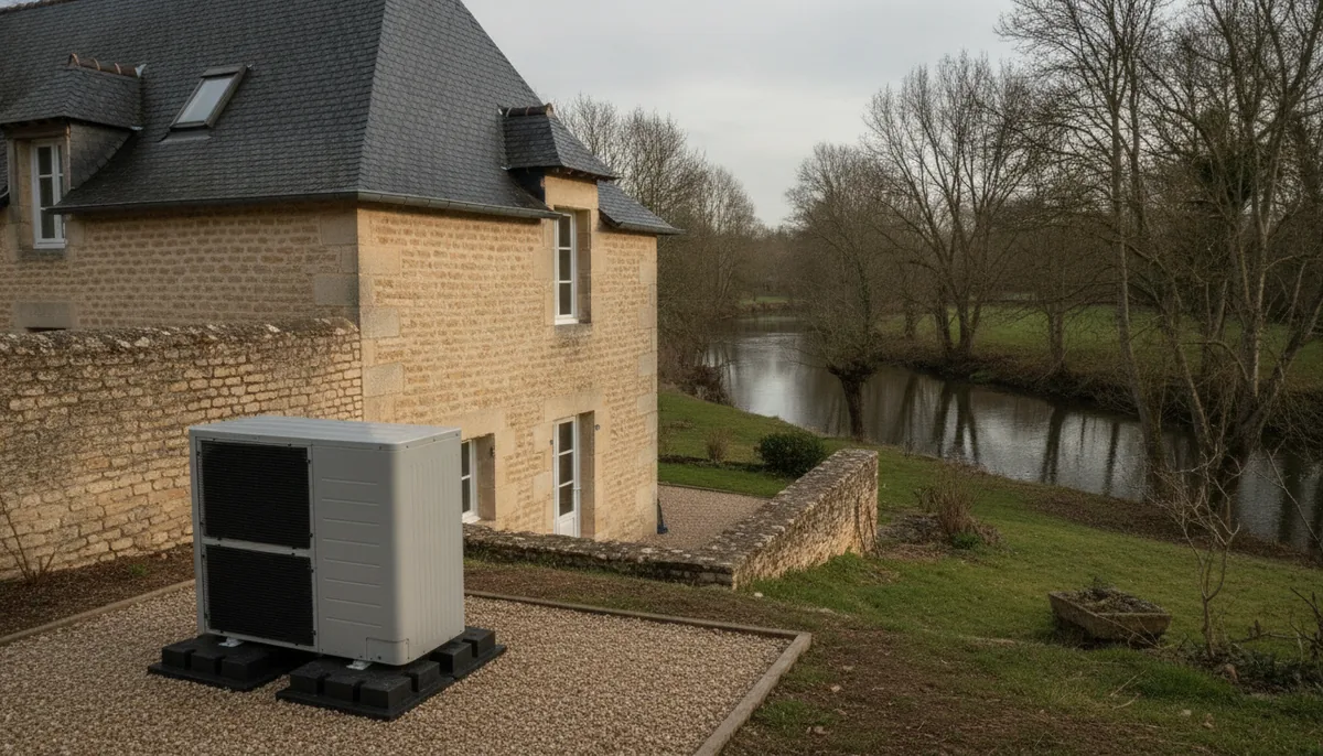 Pompe à chaleur air/eau installée derrière une maison en tuffeau du quartier de Bazouges, à Château-Gontier-sur-Mayenne