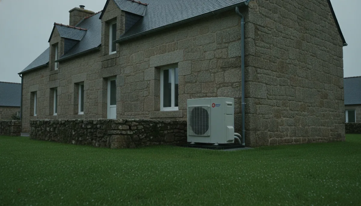 Pompe à chaleur air/eau installée contre une maison en granit du quartier de Bonabry, à Fougères