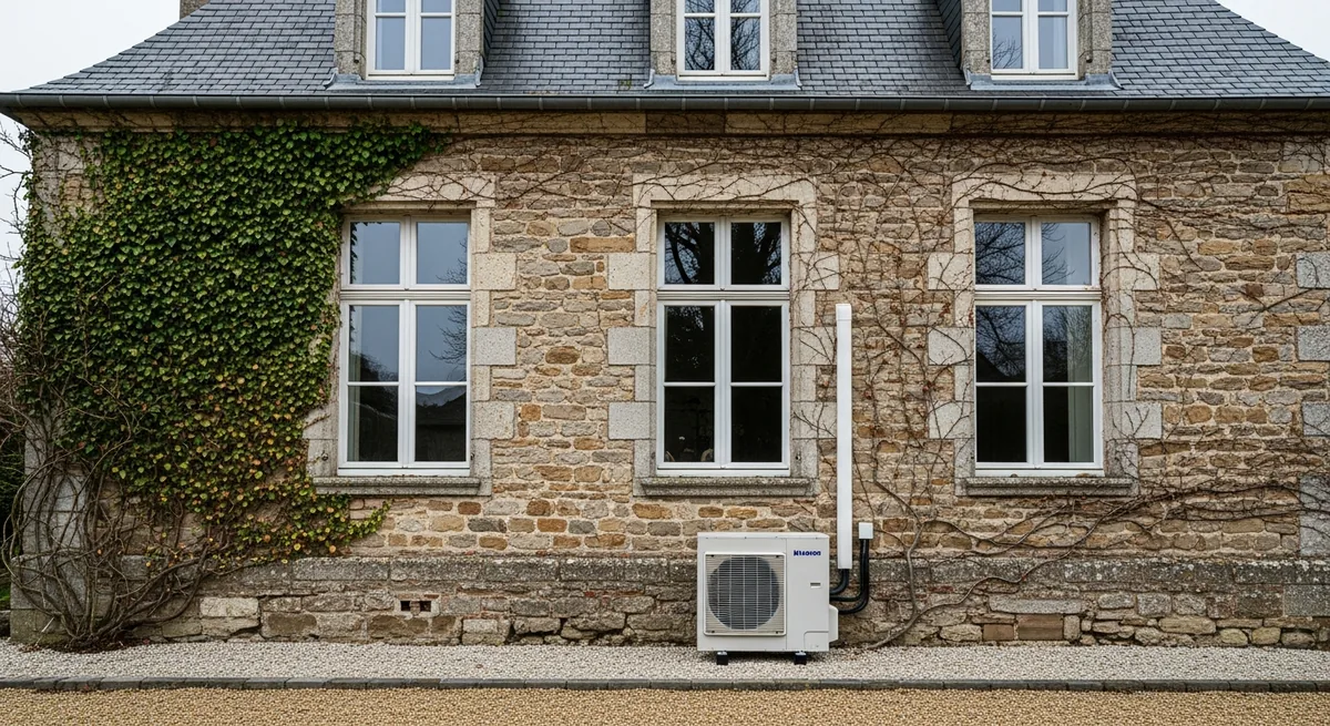 Pompe à chaleur air/eau sur une maison en pierre à Avesnières, Laval