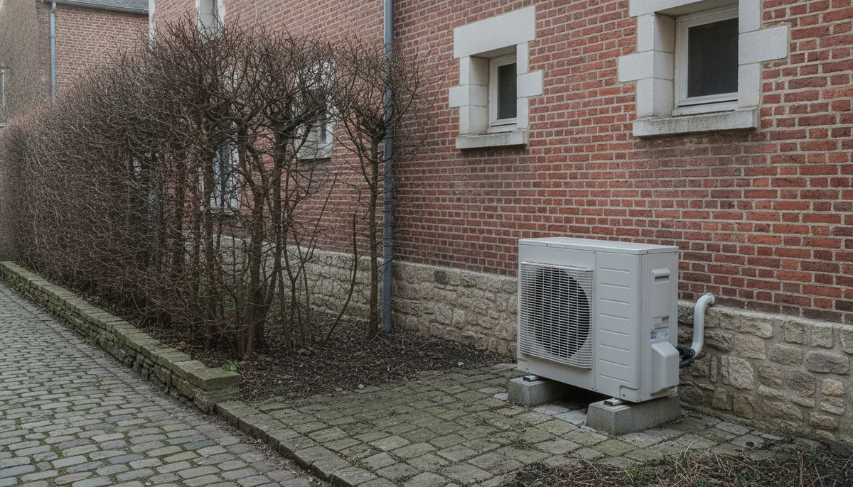 Pompe à chaleur air/eau installée contre une maison en brique du quartier de Pontlieue, au Mans