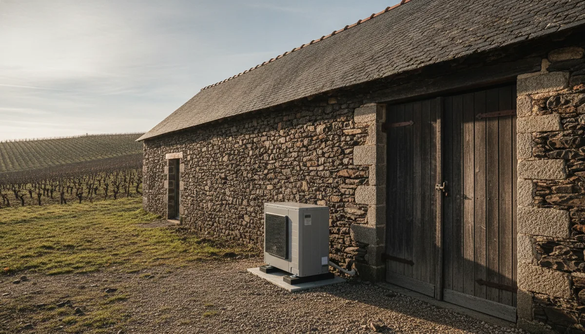 Pompe à chaleur air/eau installée contre une longère en schiste des Mauges, à Mauges-sur-Loire