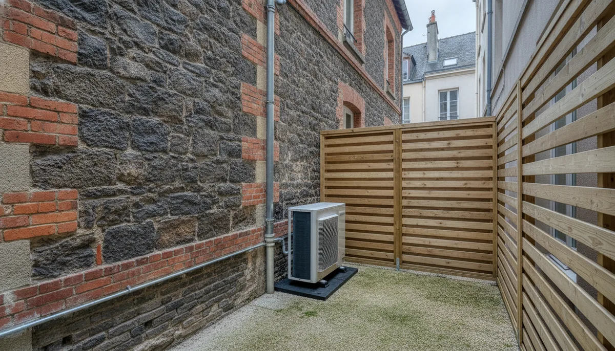 Pompe à chaleur air/eau installée en cour arrière d'une maison de ville rennaise, quartier Sainte-Thérèse, Rennes