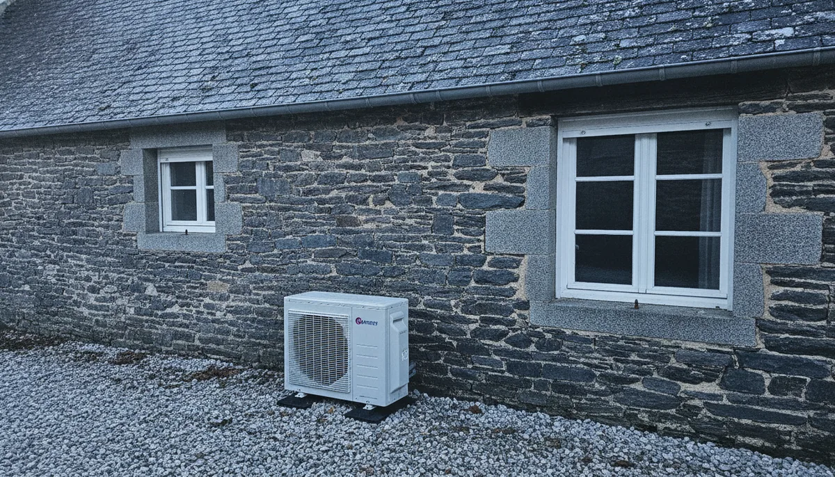 Pompe à chaleur air/eau installée contre une maison en schiste ardoisier à Segré-en-Anjou Bleu