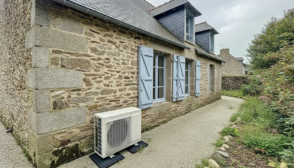 Pompe à chaleur air/eau installée contre une maison en granit du quartier Saint-Martin, à Vitré